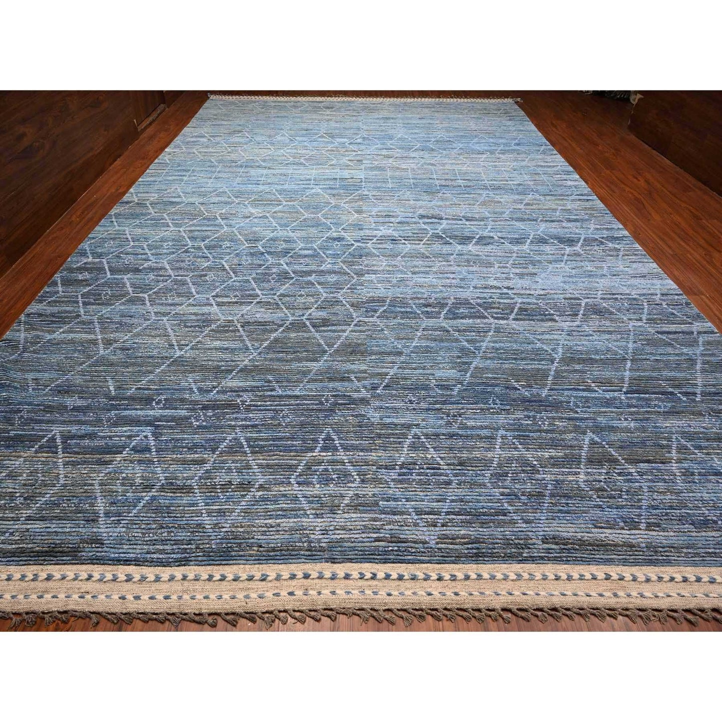 12'X18'5" Blue Hand Knotted Moroccan Inspired Wool Oversized Oriental Rug