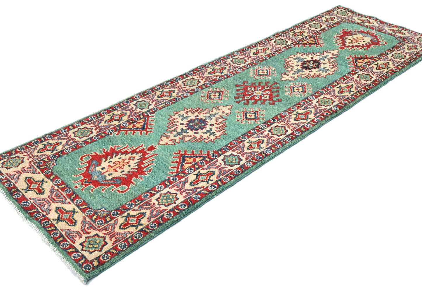 Hand-Knotted Kazak Tribal Runner Rug Geometric