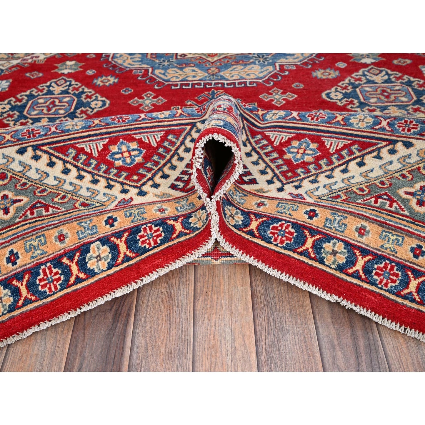 9'2"X11'6" Red Hand Knotted Soft Wool Kazak Tribal Motifs Oriental Rug
