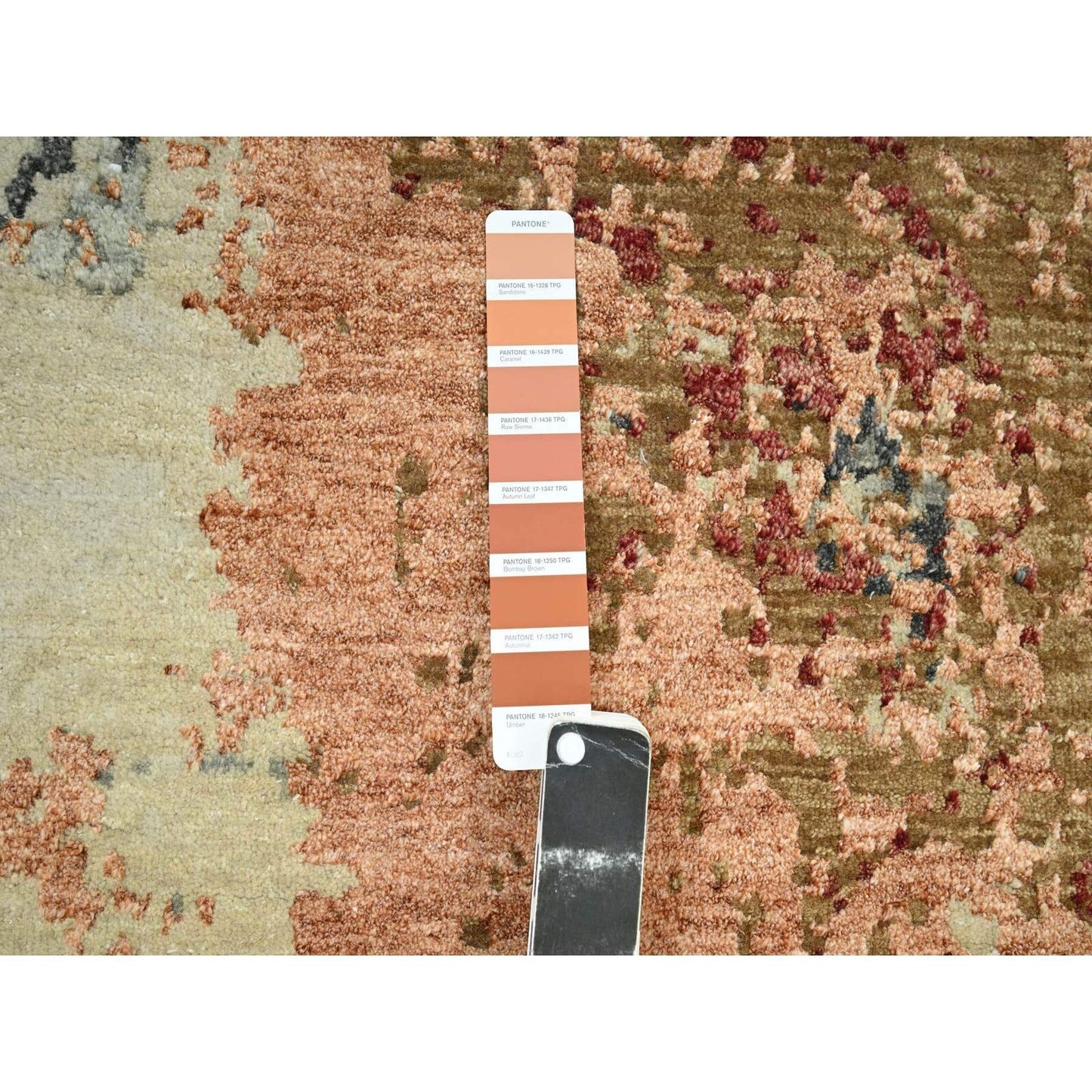 9'X12'2" Beige With Rust Pure Wool Abstract Design Hand Knotted Rug