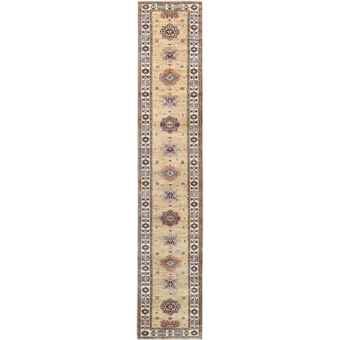 2'7"X13'6" Chamomile Afghan Super Kazak Wool Hand Knotted Rug