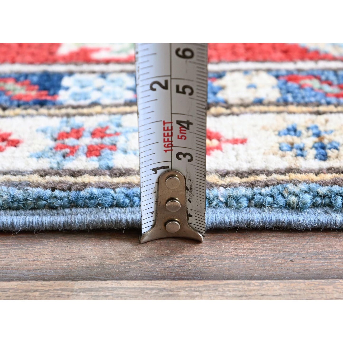 3'10"X6'3" Ruddy Blue Kazak Geometric Design Soft Wool Hand Knotted Rug