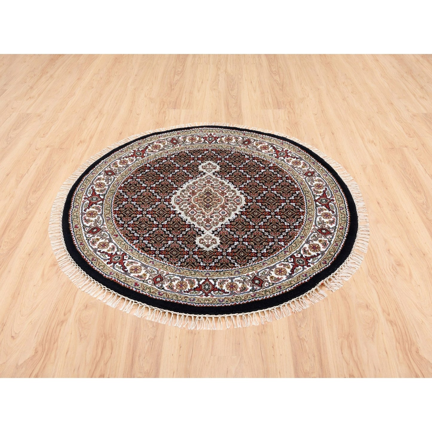 4'2"X4'2" Tebraz Mahi Fish Medallion Design Wool-Silk Hand Knotted Rug