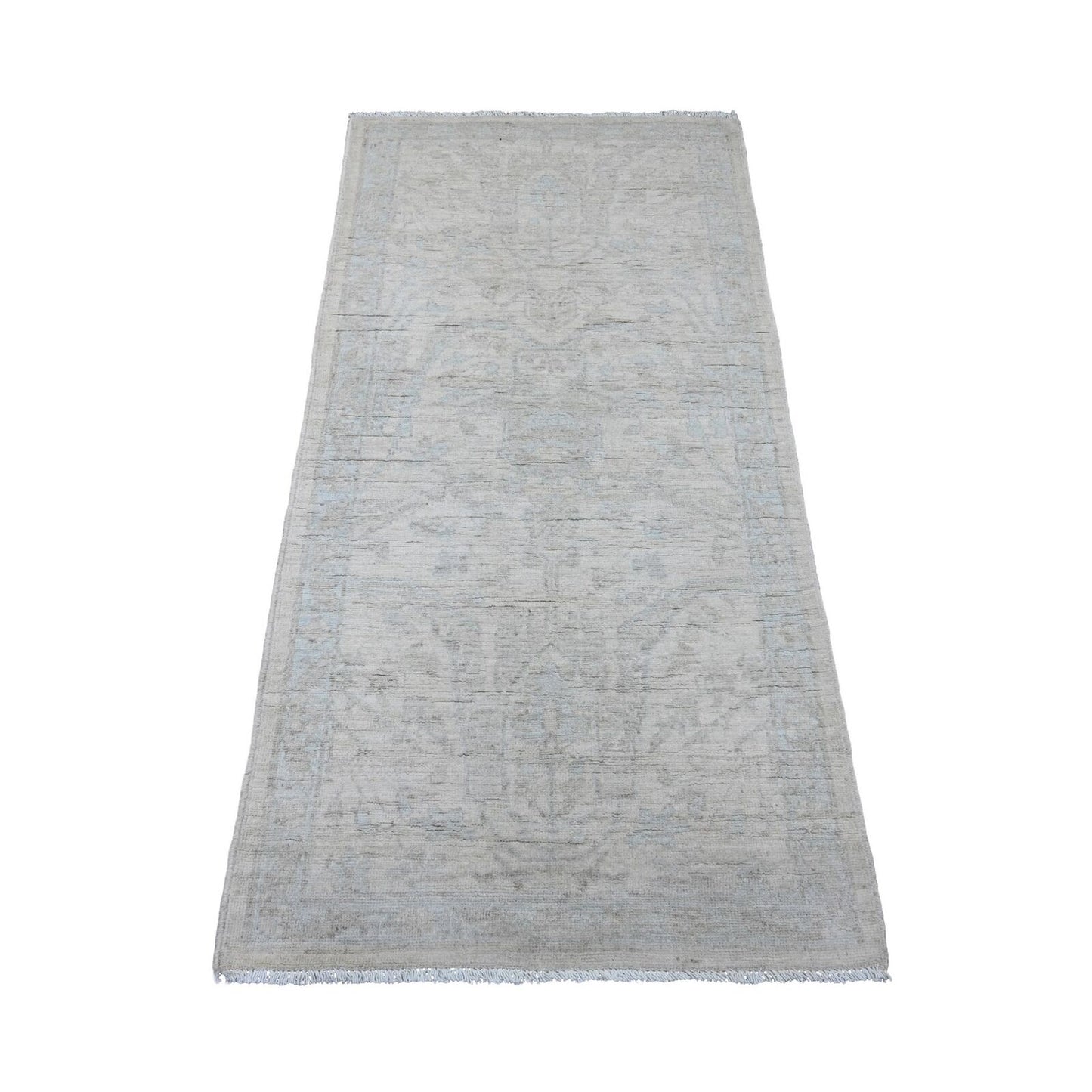 2'8"X5'6" Bone White Stone Washed Peshawar Hand Knotted Wool Runner Rug