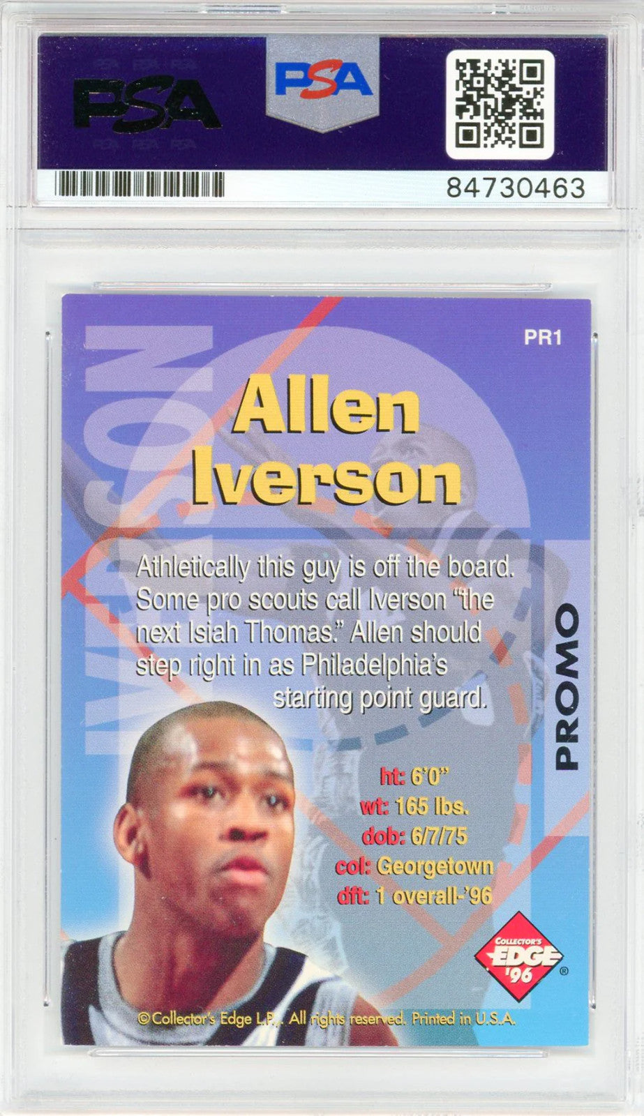 Allen Iverson Autographed 1996 Collector'S Edge Radical Recruits Promo Card #Pr1