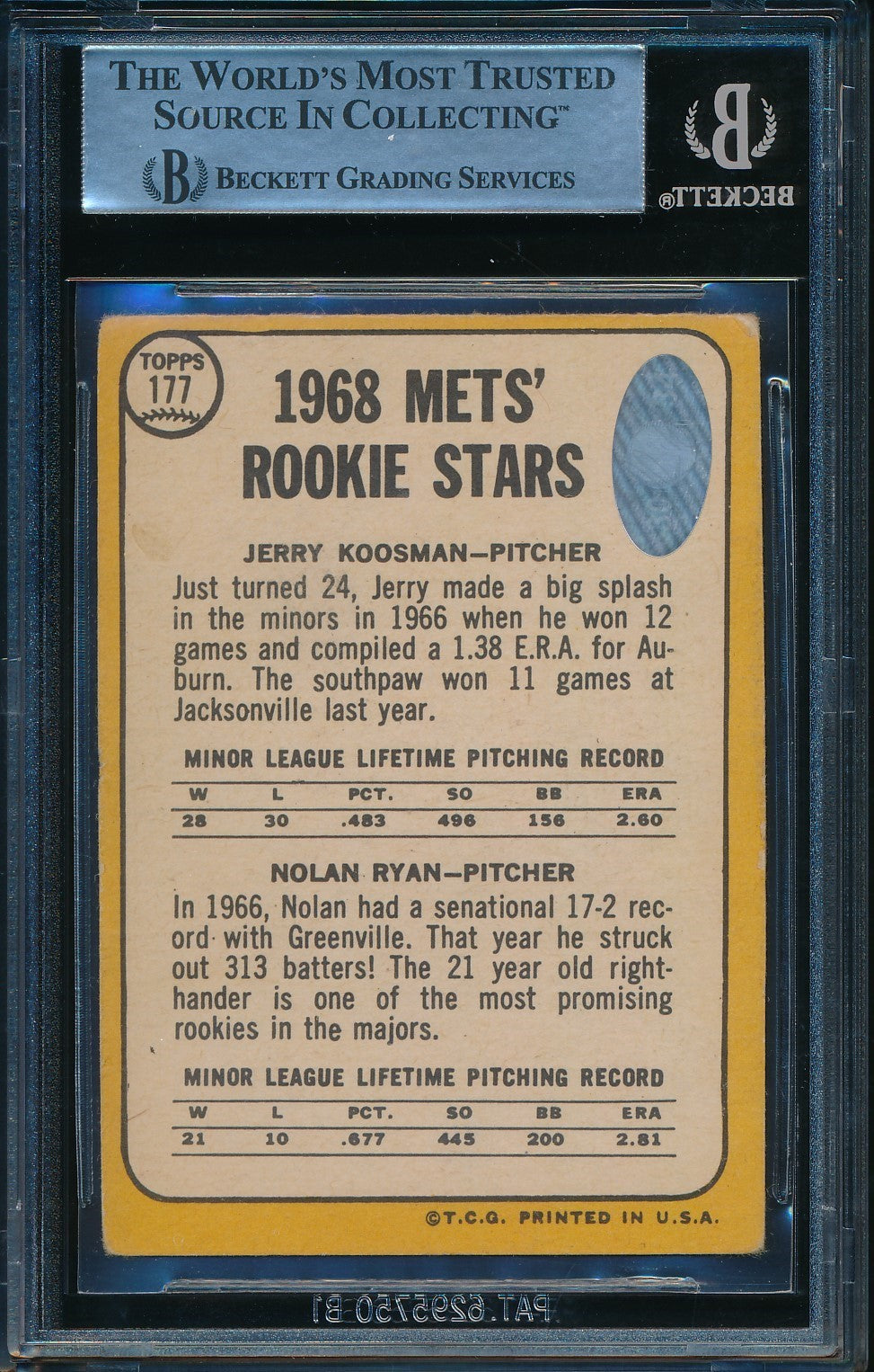 Nolan Ryan Hof Signed/Auto 1968 Topps Rookie Card #177 Ny Mets Beckett 190594