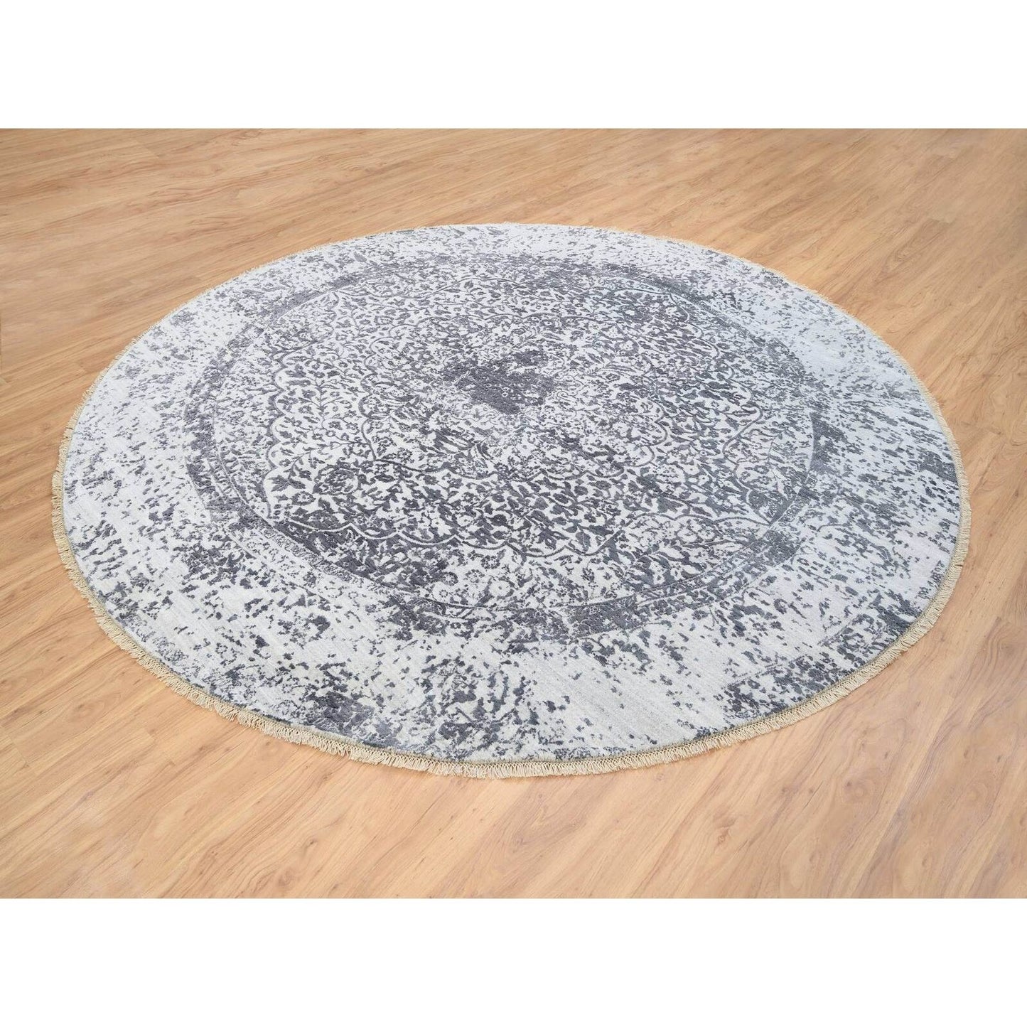 9'9"X9'9" Gray Erased Farsian Design Wool/Silk Hand Knotted Round Rug