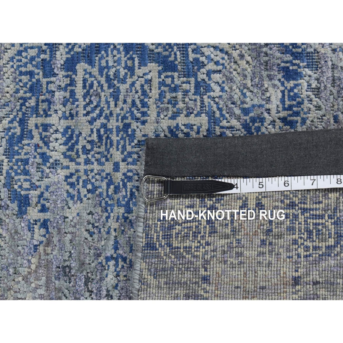 2'6"X6' Blue Silk With Wool Erased Rosette Design Hand Knotted Runner Rug