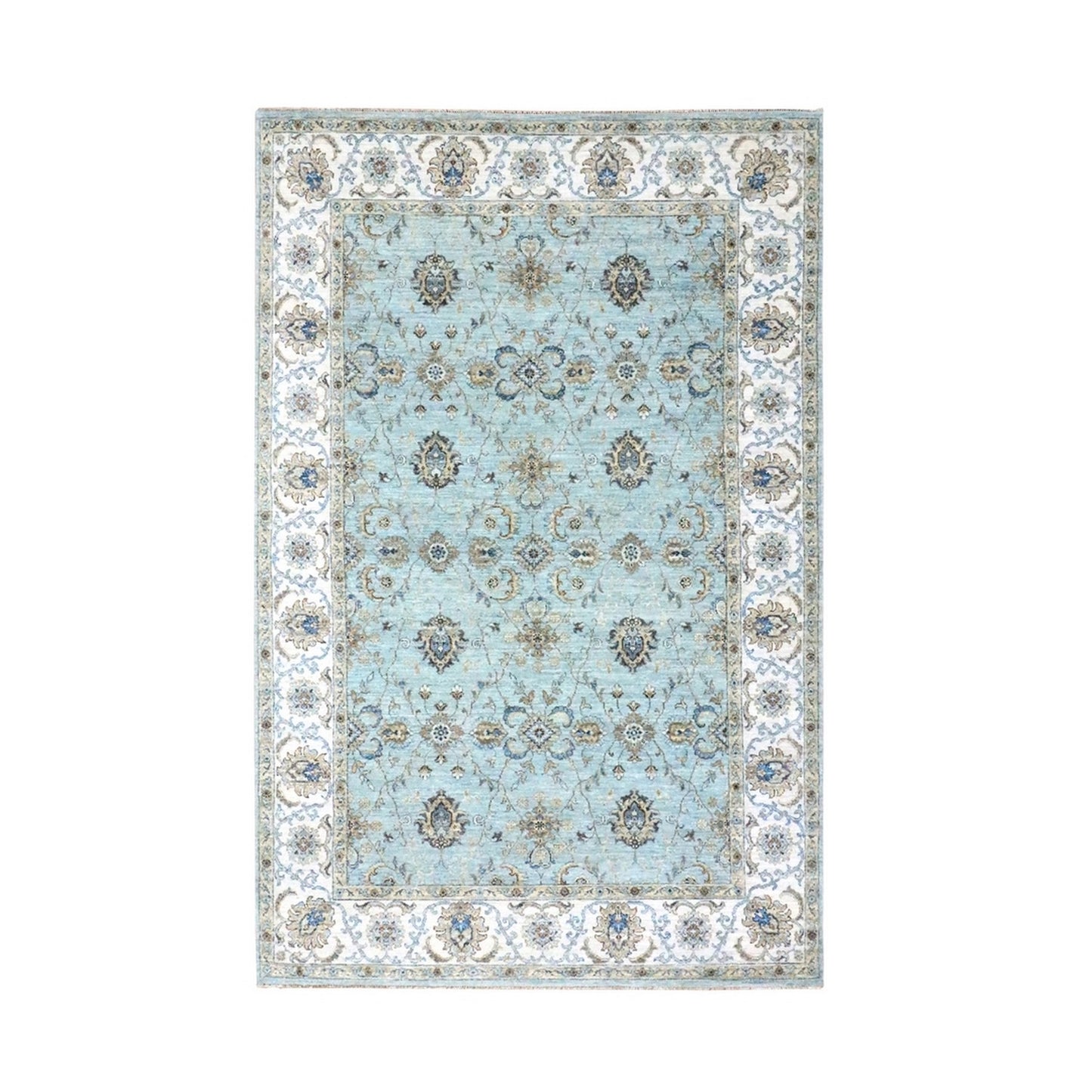 6'X9'1" Baby Blue Hand Knotted Agra Shah Abbas Vines Design Pure Wool Rug