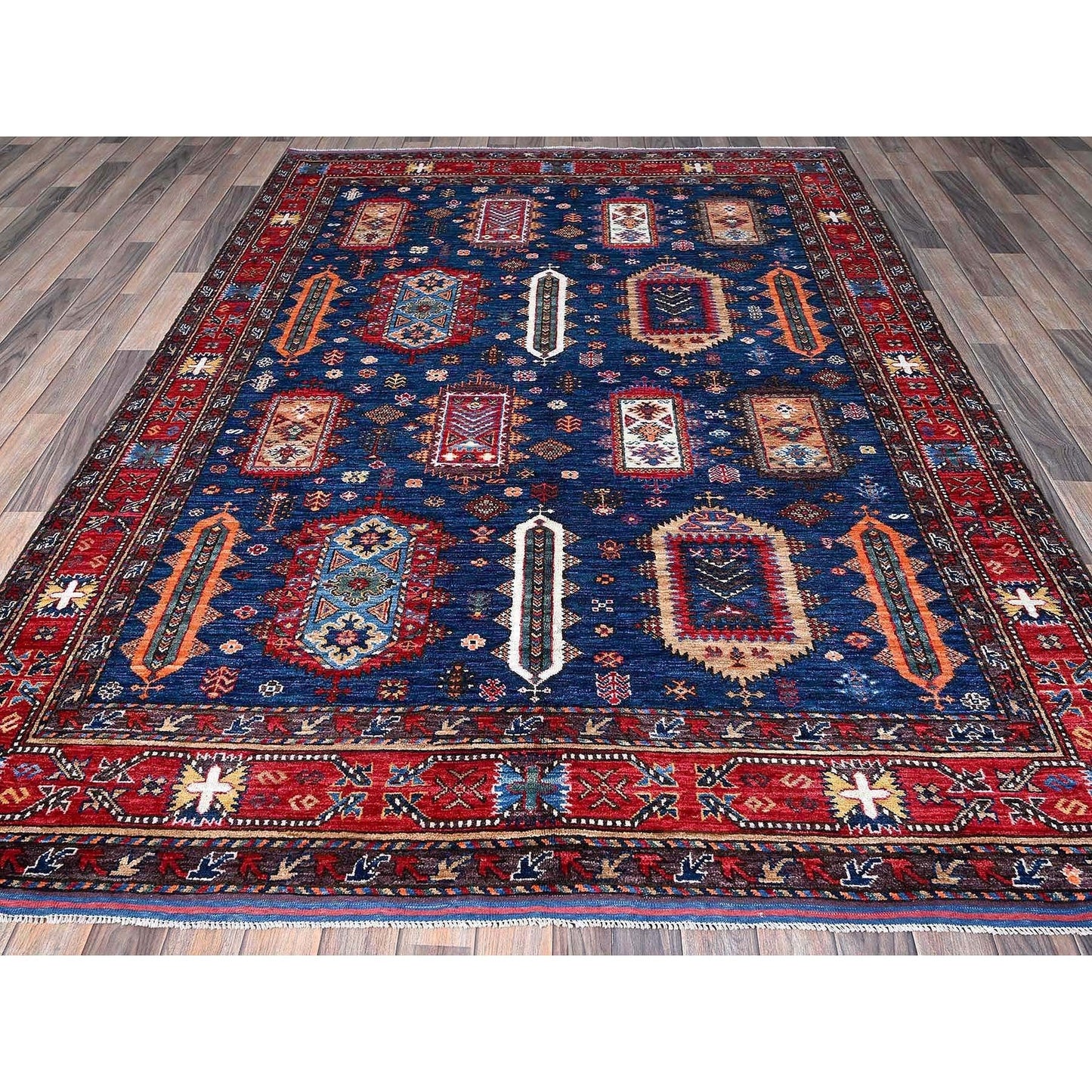 6'1"X8'5" Blue Afghan Caucasian Design Revival Hand Knotted Soft Wool Rug