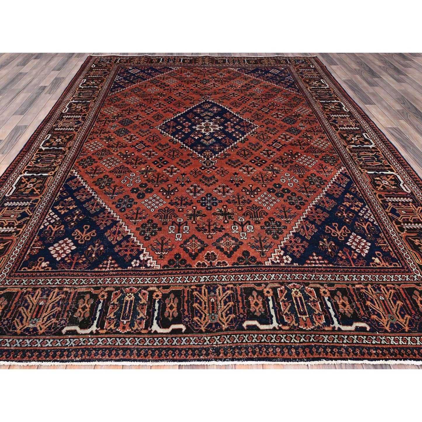 8'1"X11'3" Ochre Red Hand Knotted Vintage Pure Wool Joshagan Cleaned Rug