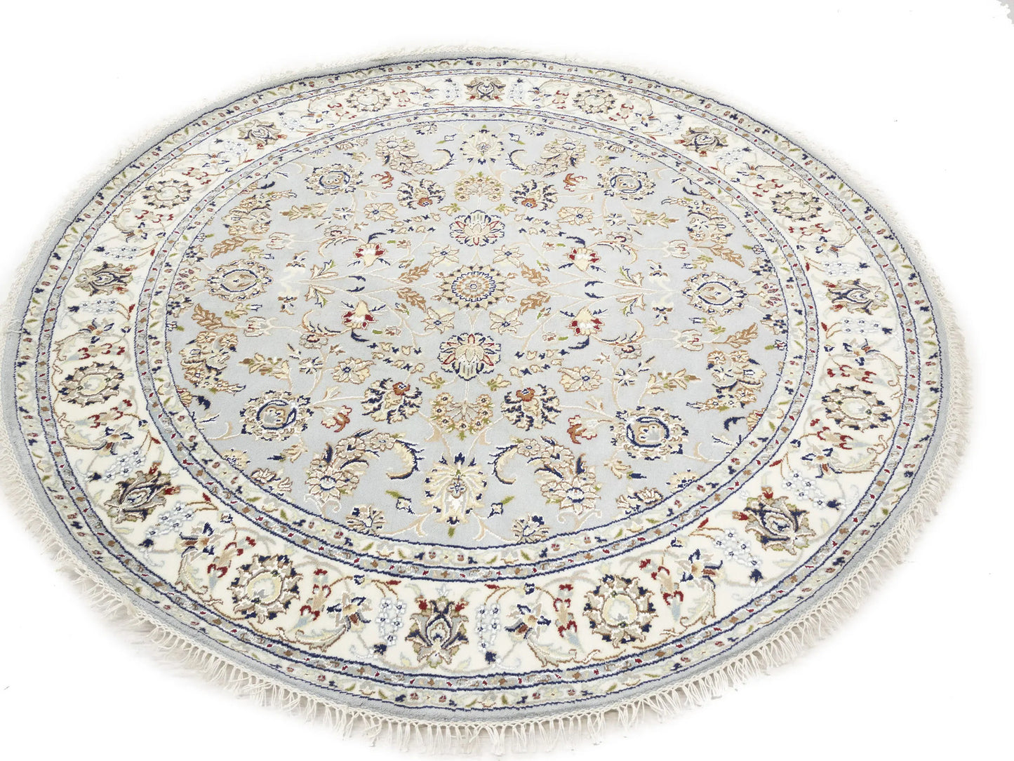 Handmade Round Indo-Nain Wool Rug 6X6 Ft Floral