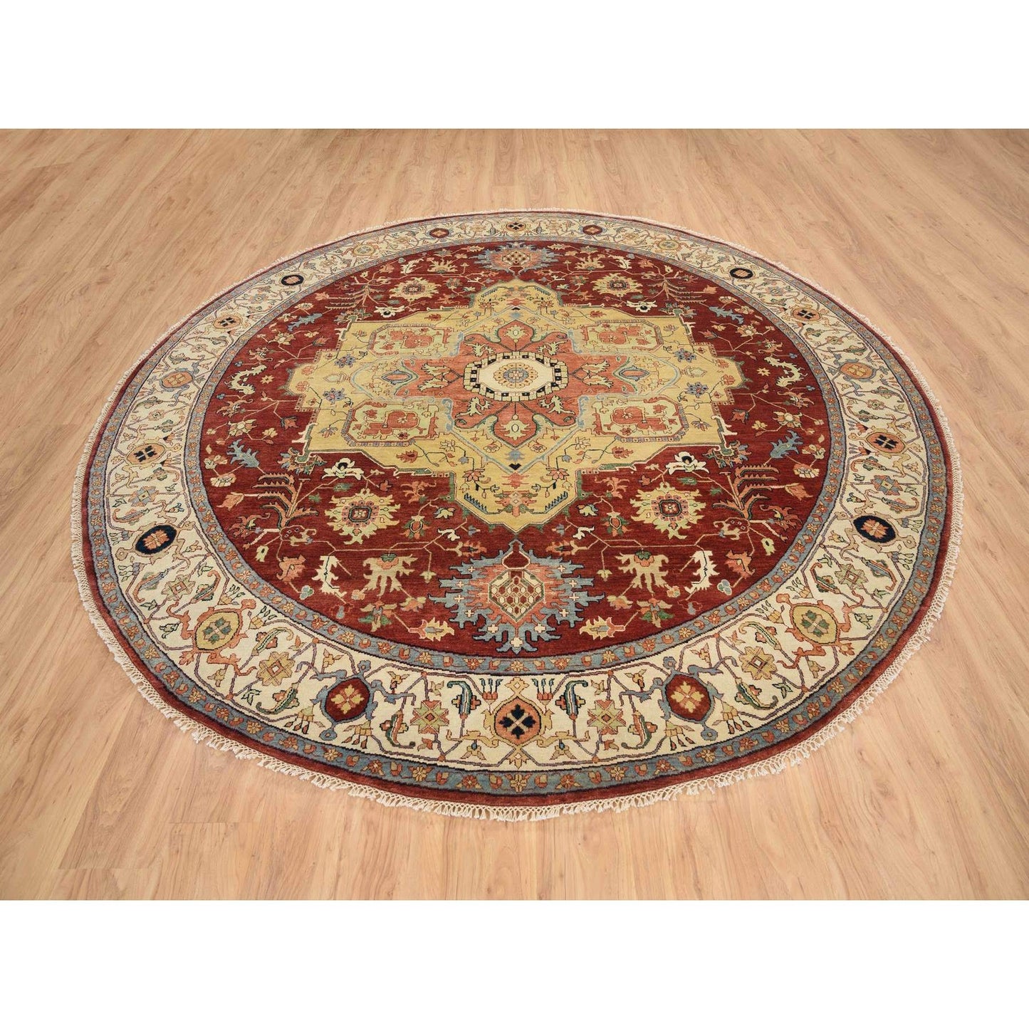 10'X10' Red Hand Spun Wool Hand Knotted Antiqued Fine Heris Round Rug