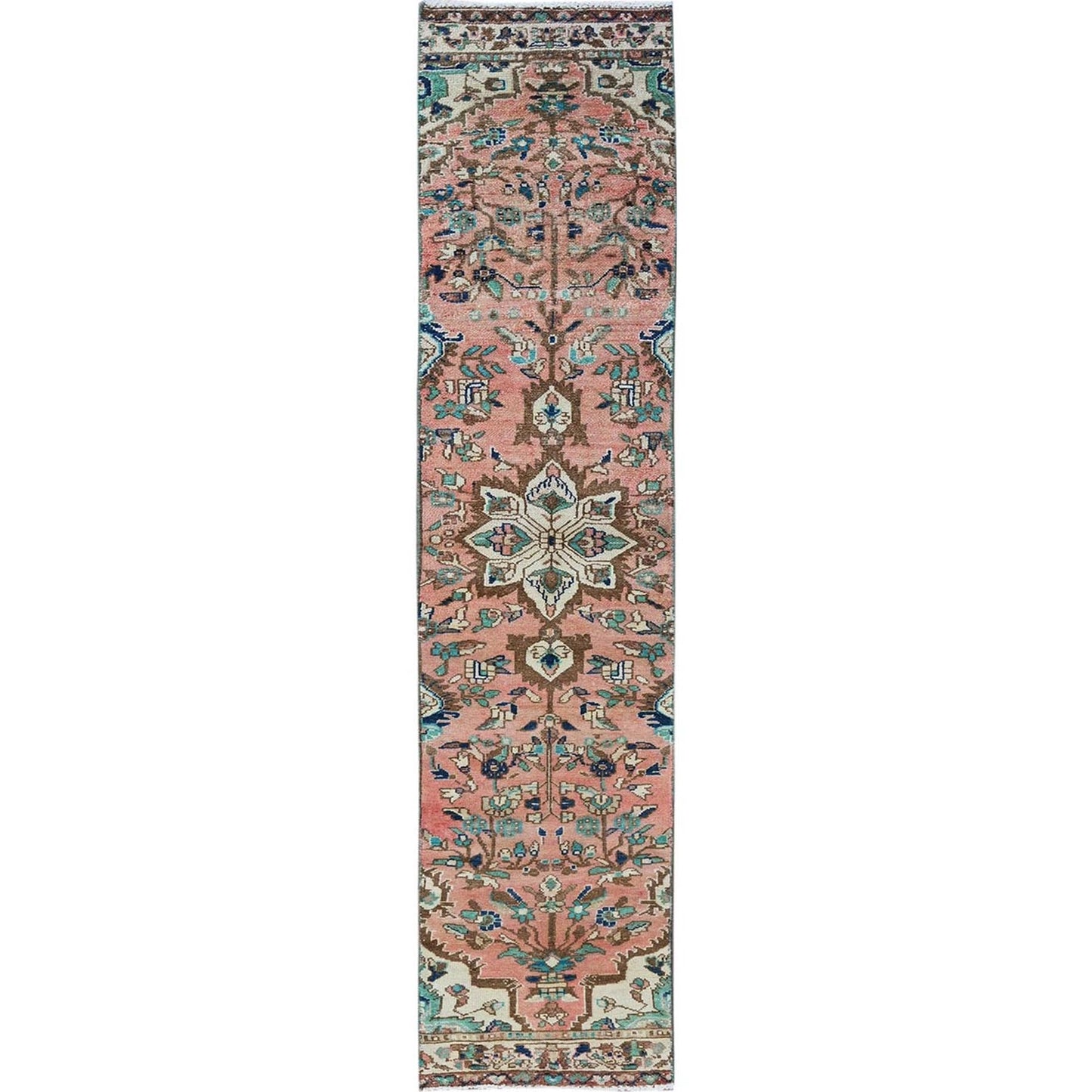 2'X9' Salmon Pink Vintage Zoroastrian Heris Hand Knotted Wool Runner Rug