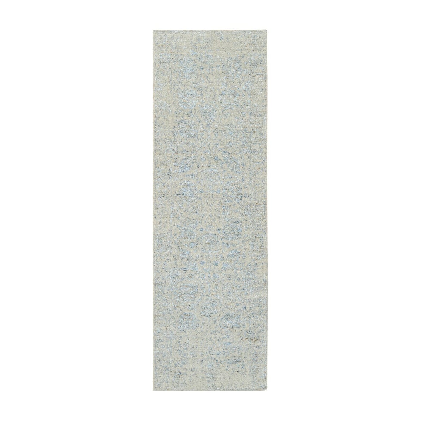 2'6"X8' Gray Jacquard Hand Loomed Tebraz Design Wool And Silk Runner Rug