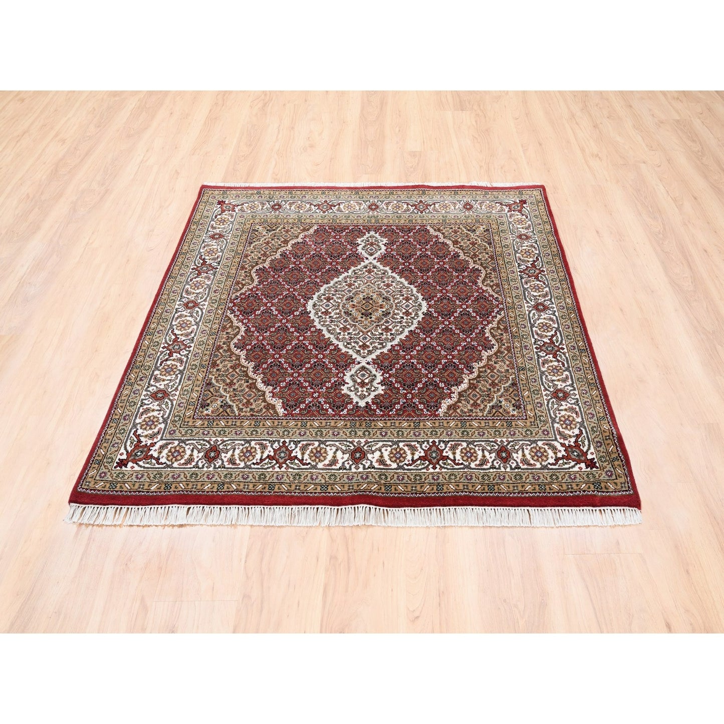 5'X5' Red Hand Knotted Tebraz Mahi Fish Design Wool-Silk Square Rug