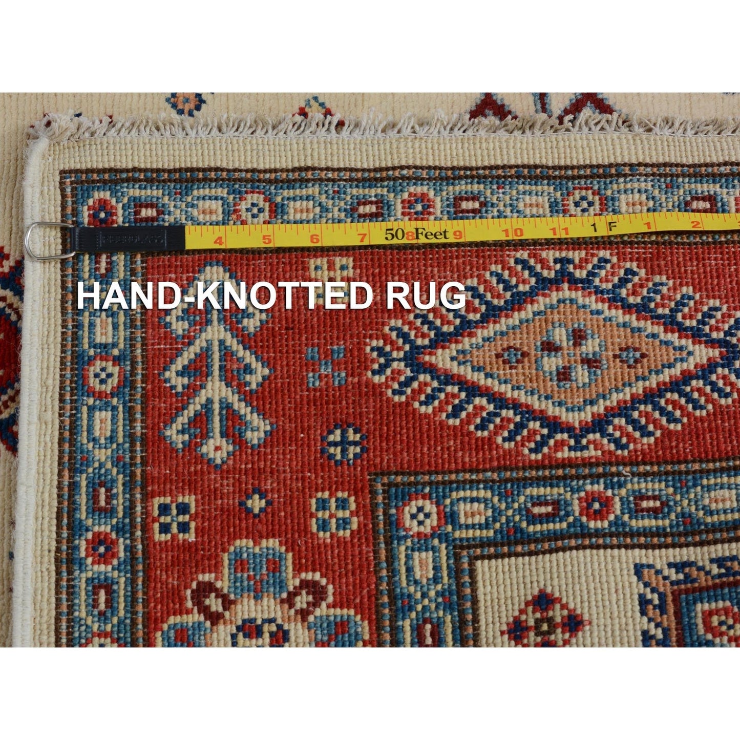 4'X5'10" Ivory Special Kazak Tribal Design Pure Wool Hand Knotted Rug