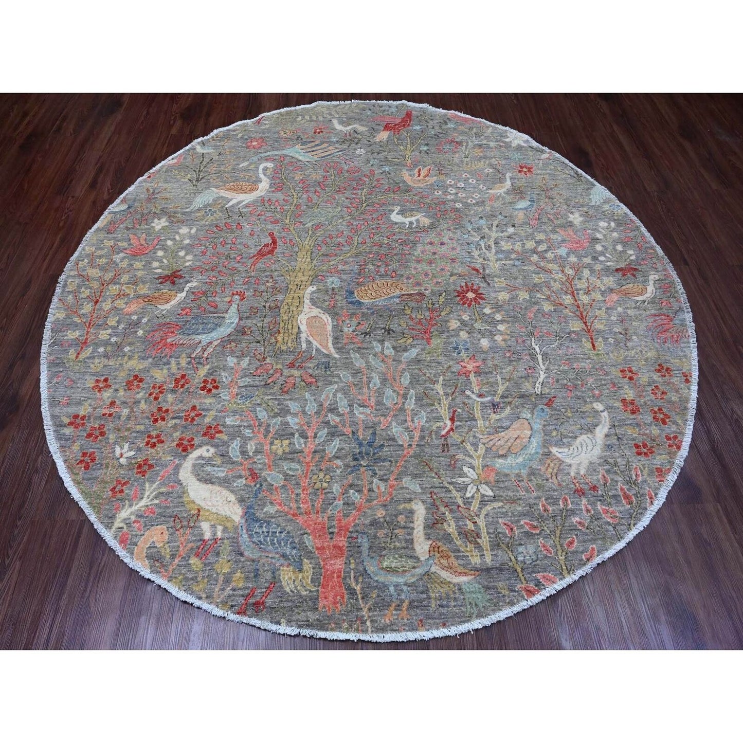 7'9"X7'9" Gray Birds Of Paradise Design Hand Knotted Soft Wool Round Rug