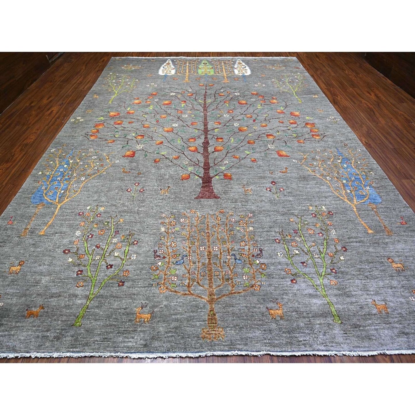 10'X13'10" Screen Gray Wool Hand Knotted Folk Art Willow Cypress Tree Rug