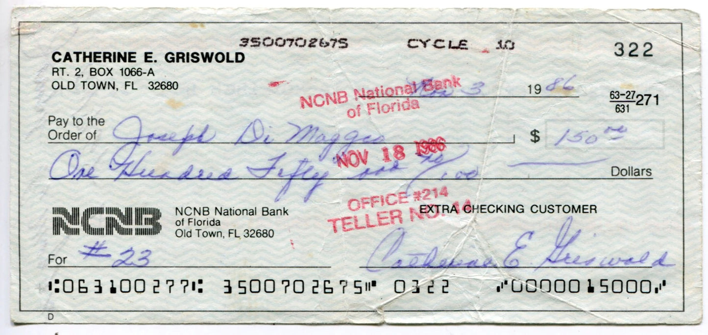Joe Dimaggio Autographed Endorsed Check