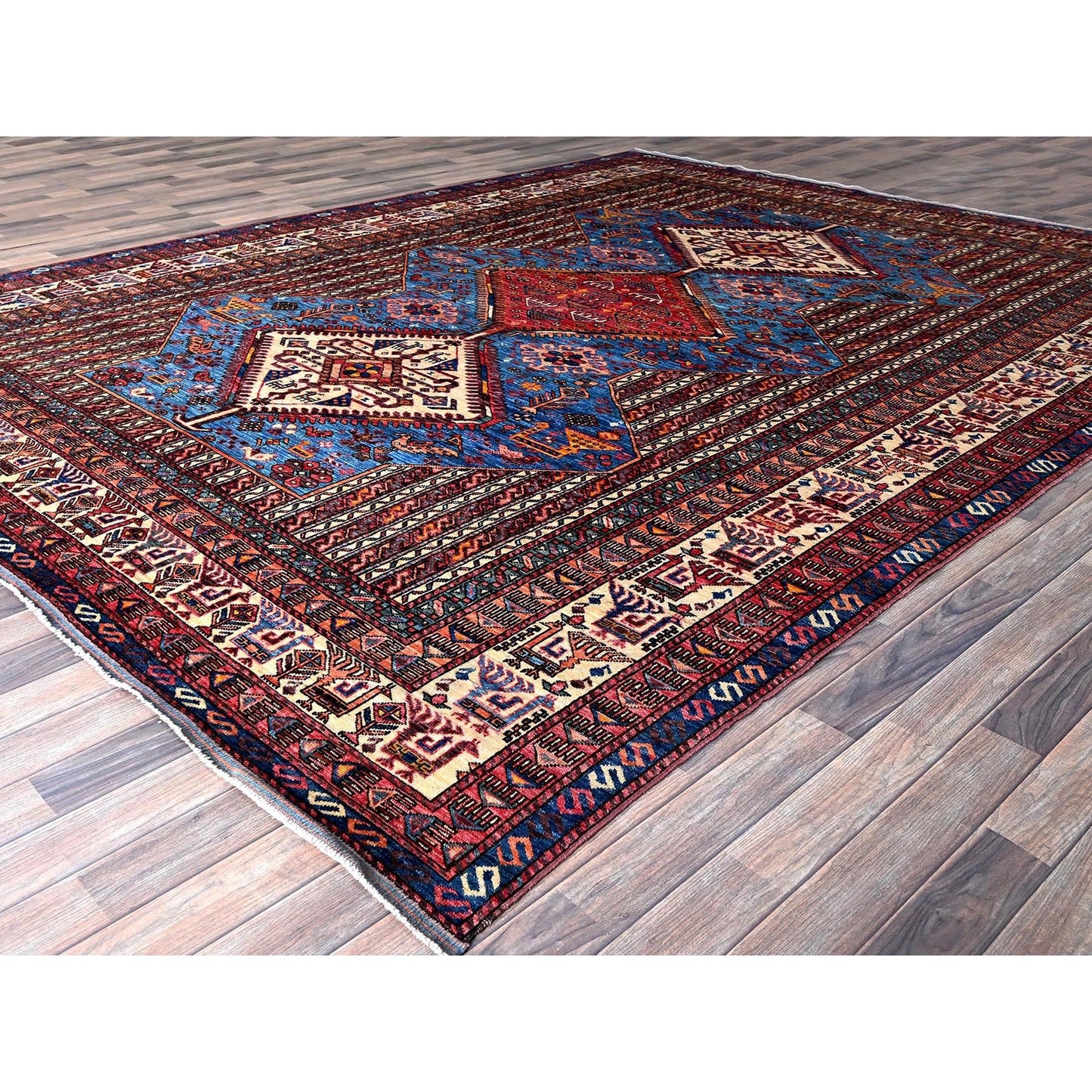 9'5"X12'1" Blue Antique Caucasian Design Revival Hand Knotted Pure Wool Rug