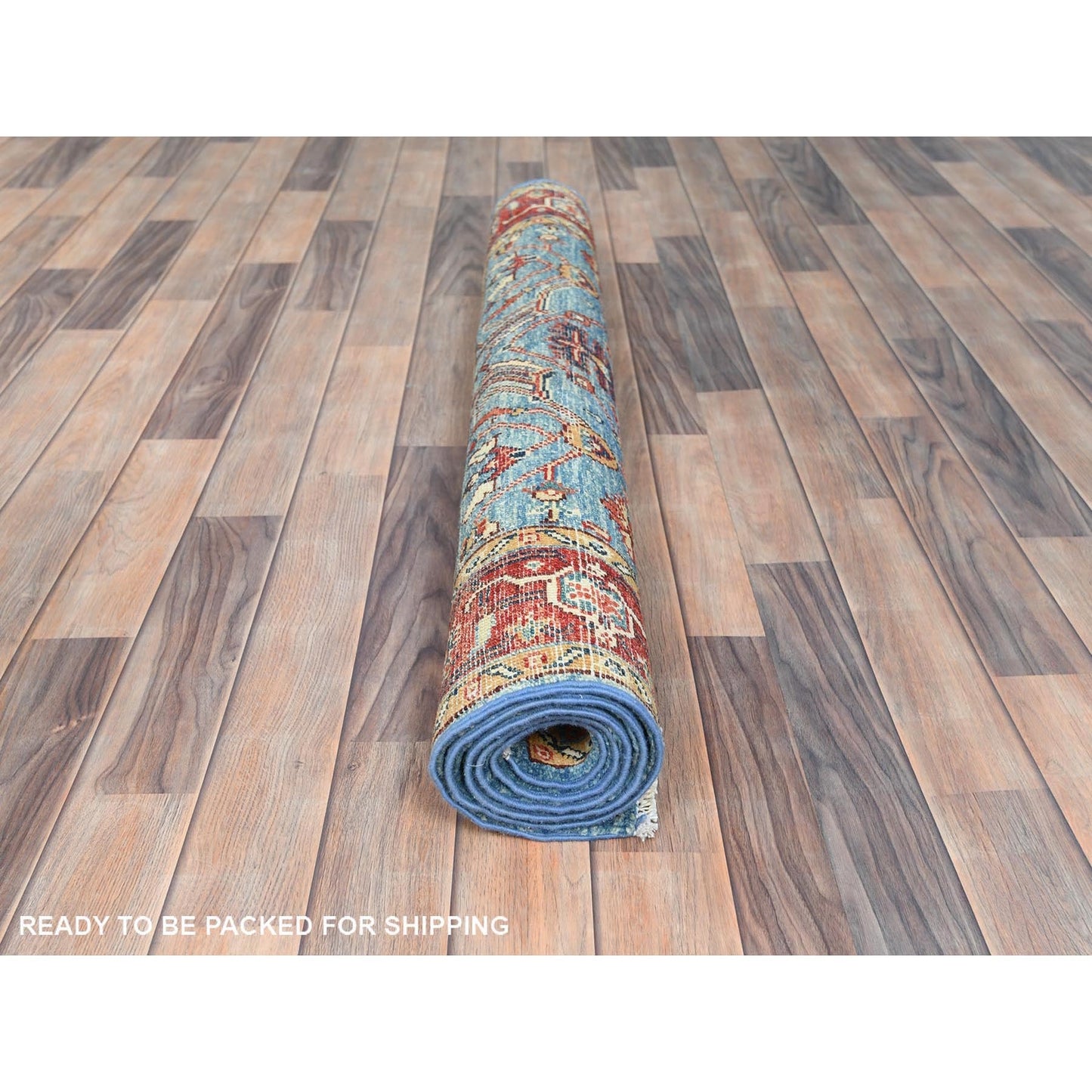 3'10"X5'10" Denim Blue Soft Wool Hand Knotted Seeripe Heris Design Rug