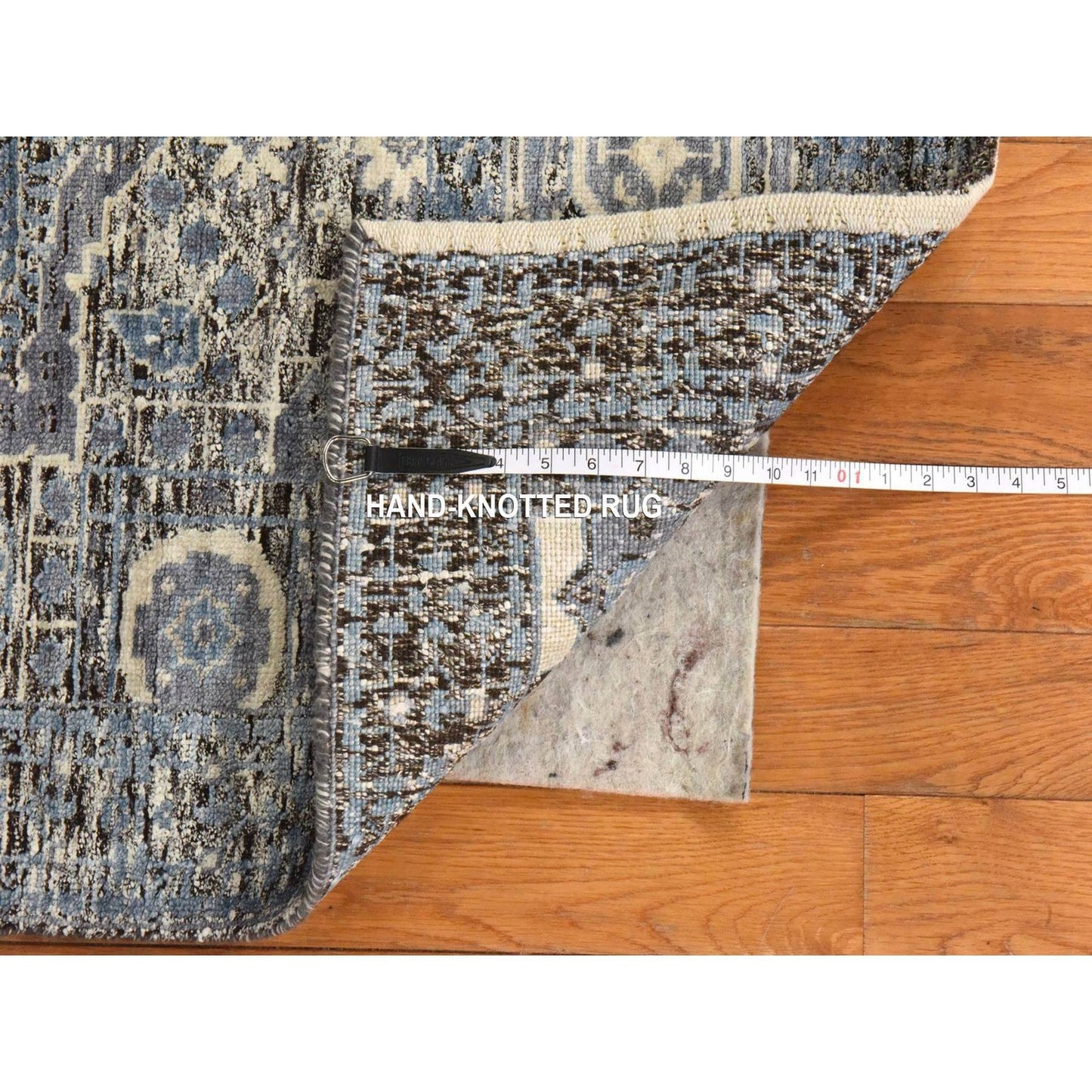 2'7"X8' Beau Blue Silken Mamluk Design Washed Out Hand Knotted Runner Rug