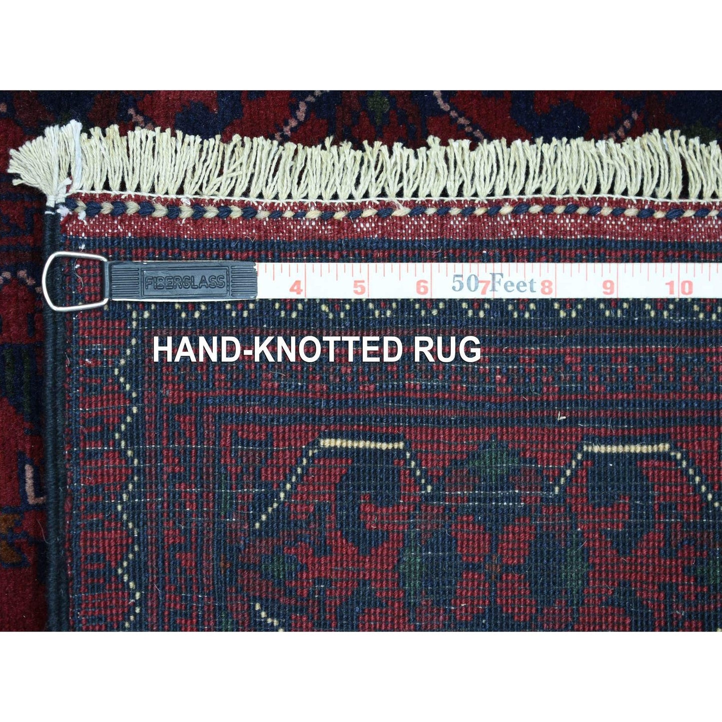 2'8"X13'1" Red Afghan Khamyab Pure Wool Geometric Design Hand Knotted Rug