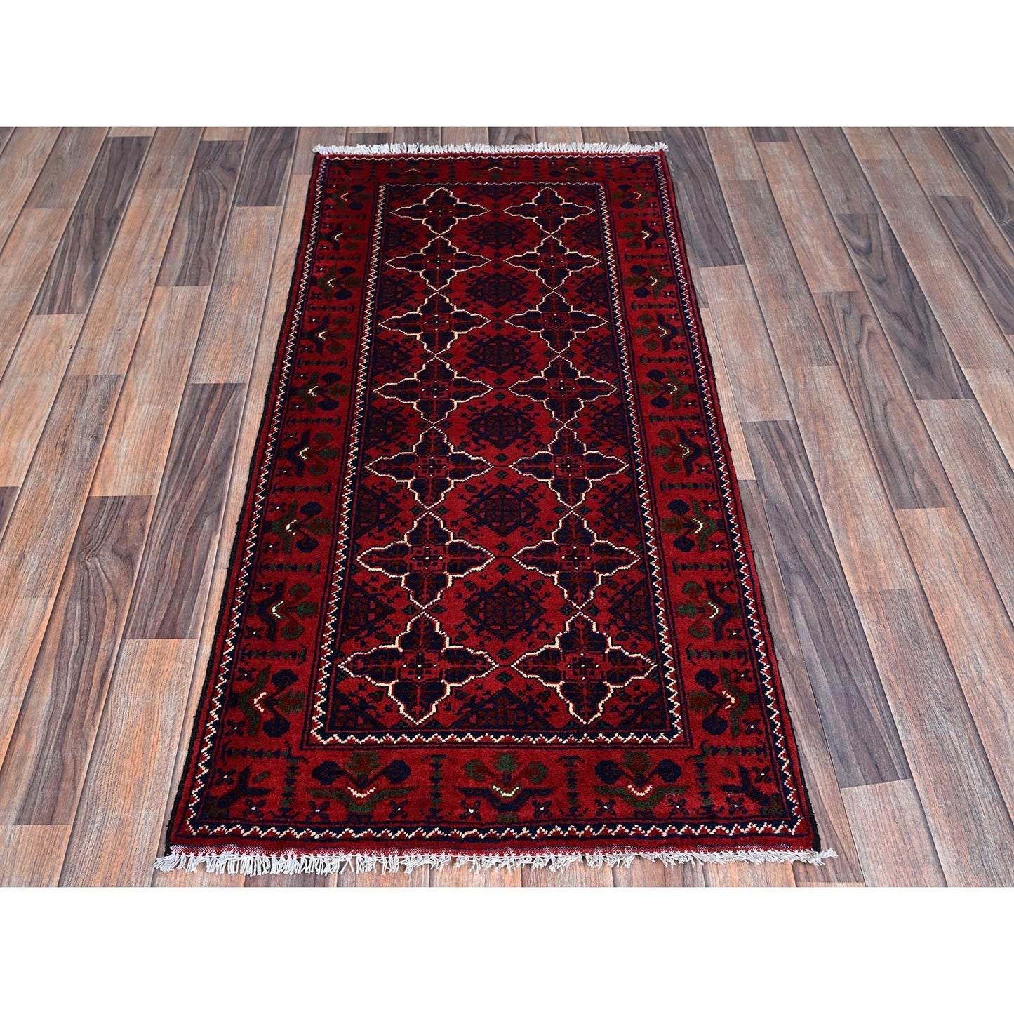 2'3"X4'8" Red Hand Knotted Geometric Afghan Khamyab Pure Wool Runner Rug