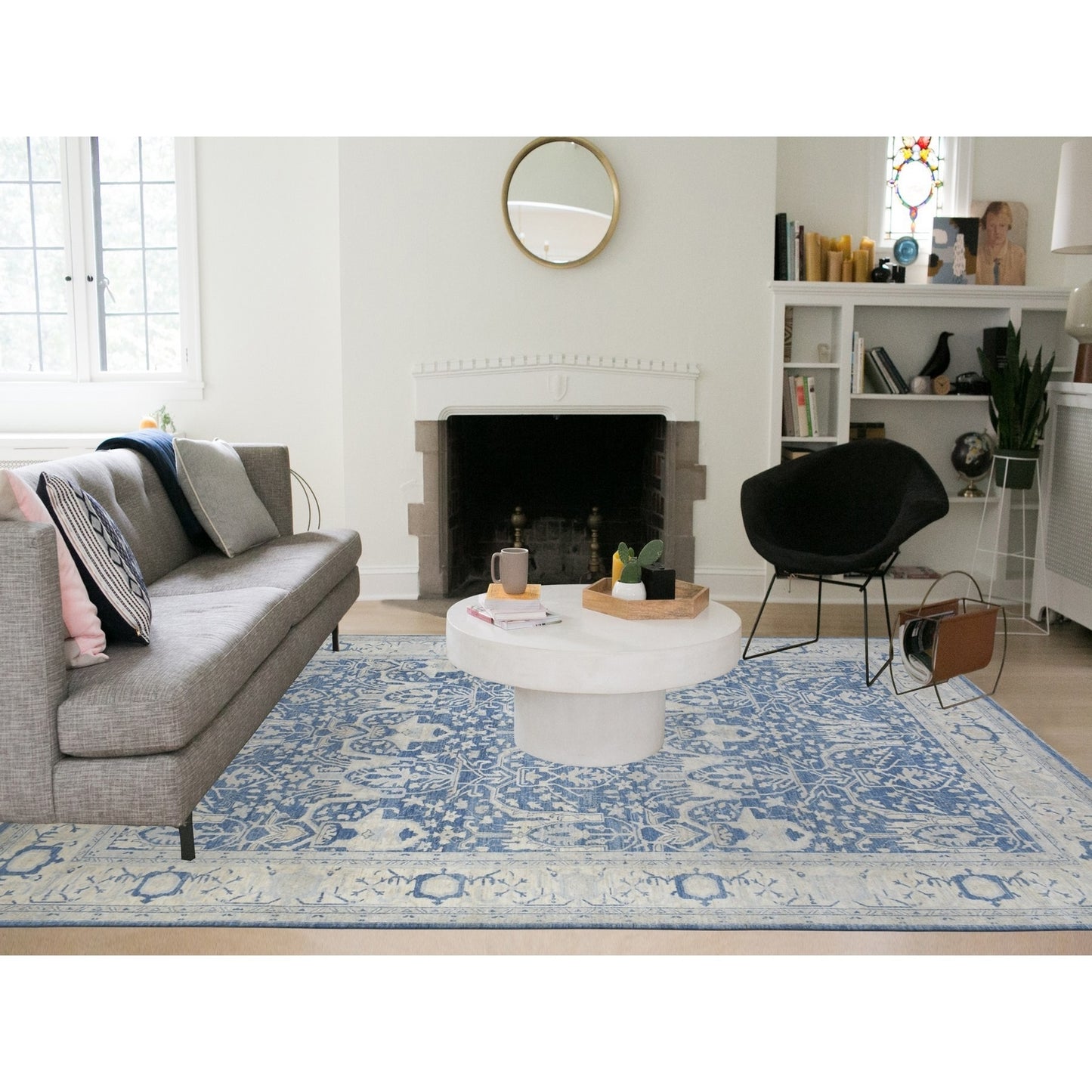 9'8"X13'5" Blue Soft Wool Hand Knotted White Wash Peshawar Rug