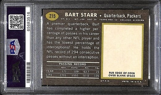 Bart Starr Hof Packers Signed/Auto 1969 Topps Football Card #215 Psa/Dna 187837