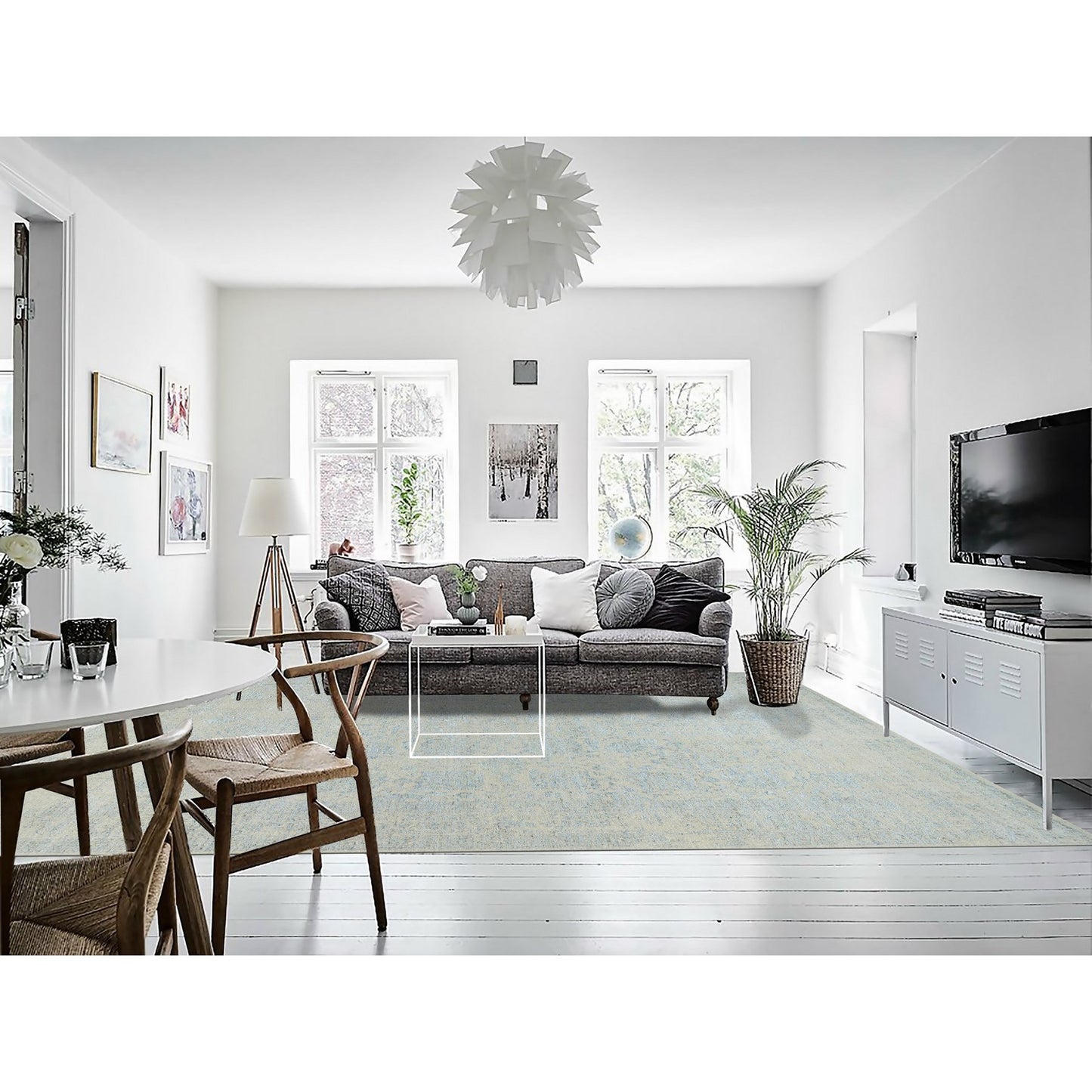 10'X13'10" Gray Wool And Silk Jacquard Hand Loomed Tebraz Design Rug