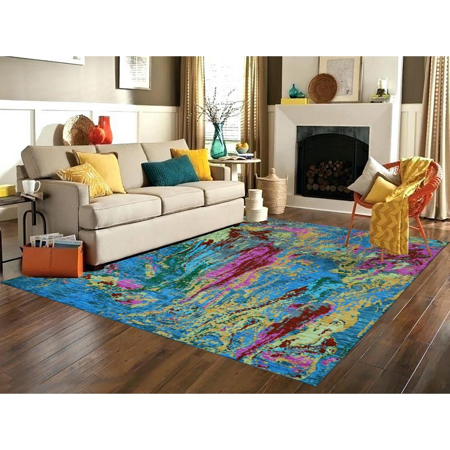 9'X11'9" Hot Pink Blue Modern Design Hand Knotted Pure Wool Oriental Rug