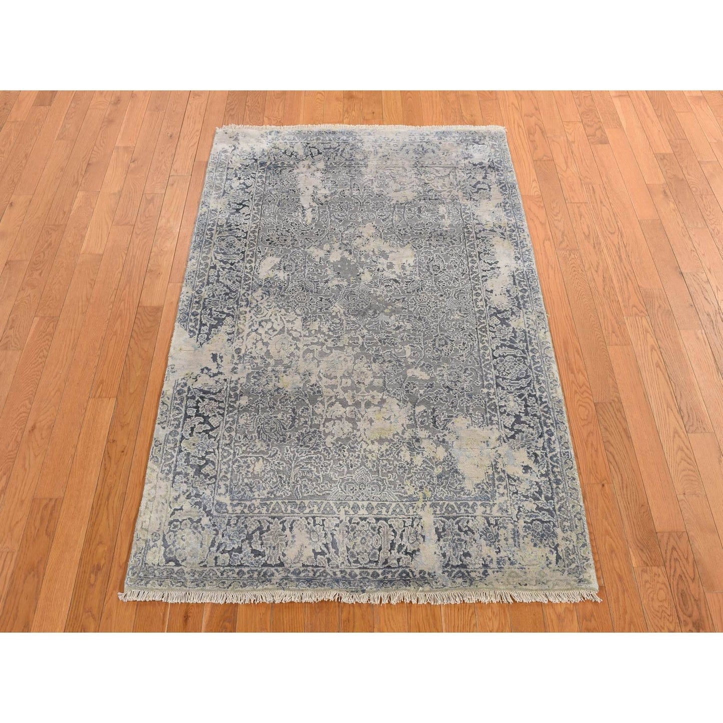 4'X6' Spruce Blue Wool & Pure Silk Erased Zoroastrian Design Oriental Rug