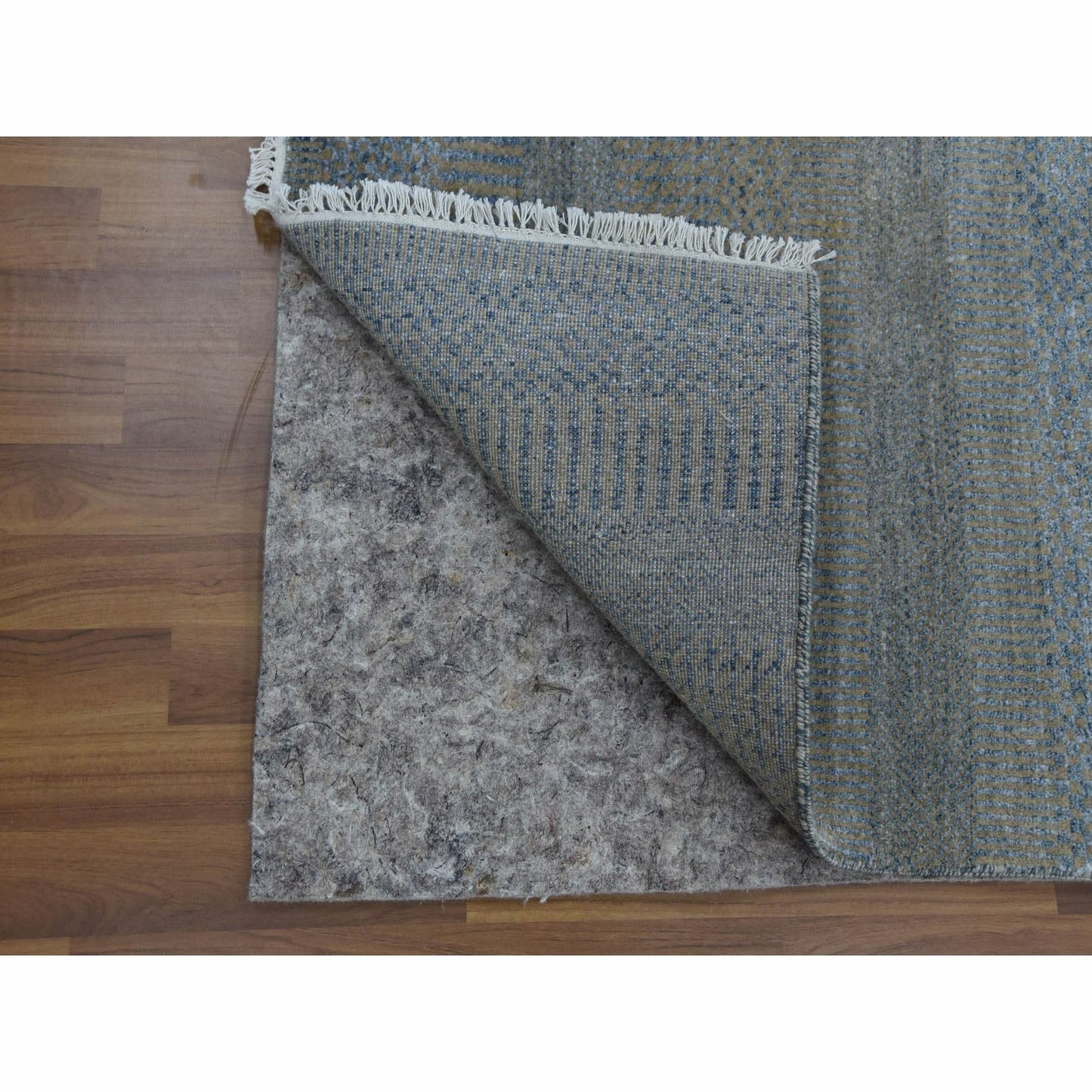 2'7"X15'5" Blue Modern Grass Design Wool And Silk Hand Knotted Runner Rug