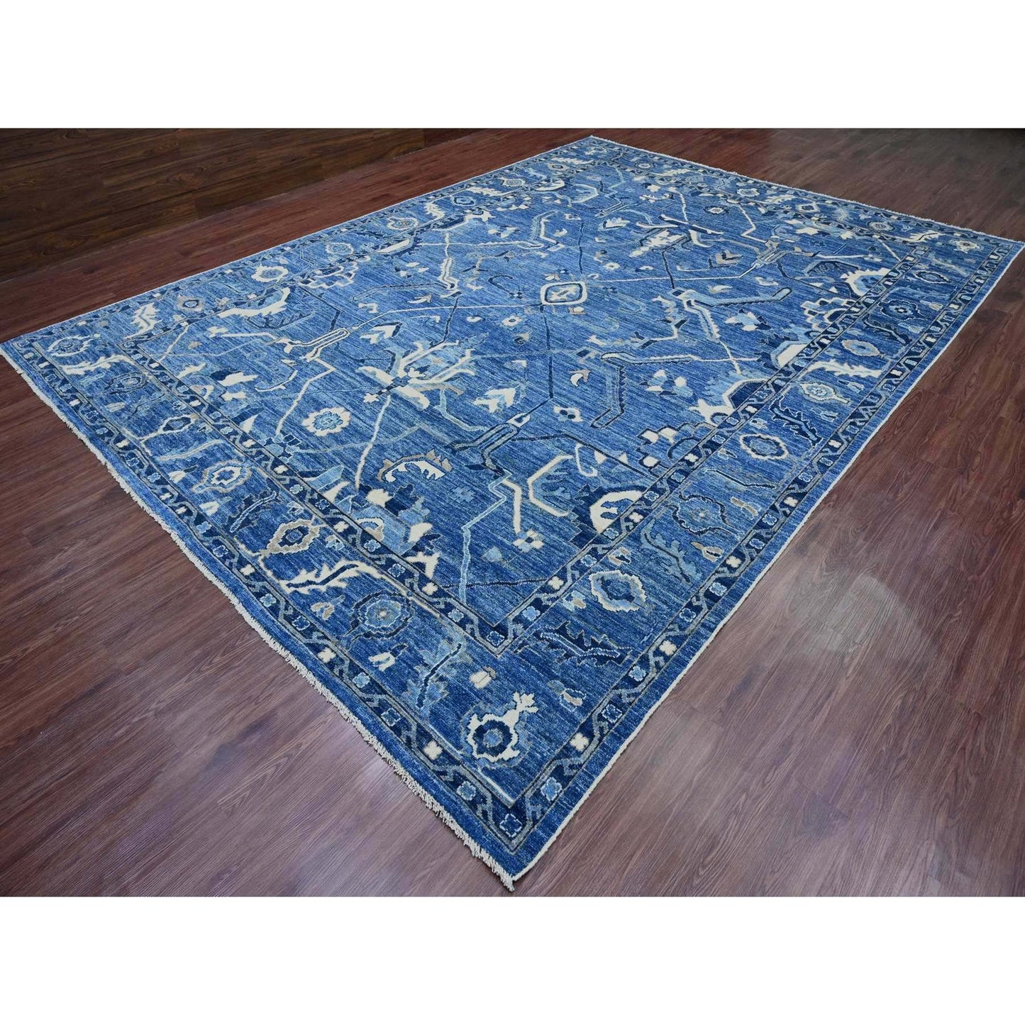 10'1"X13'9" Blue Hand Knotted Afghan Angora Oushak Vines Design Wool Rug