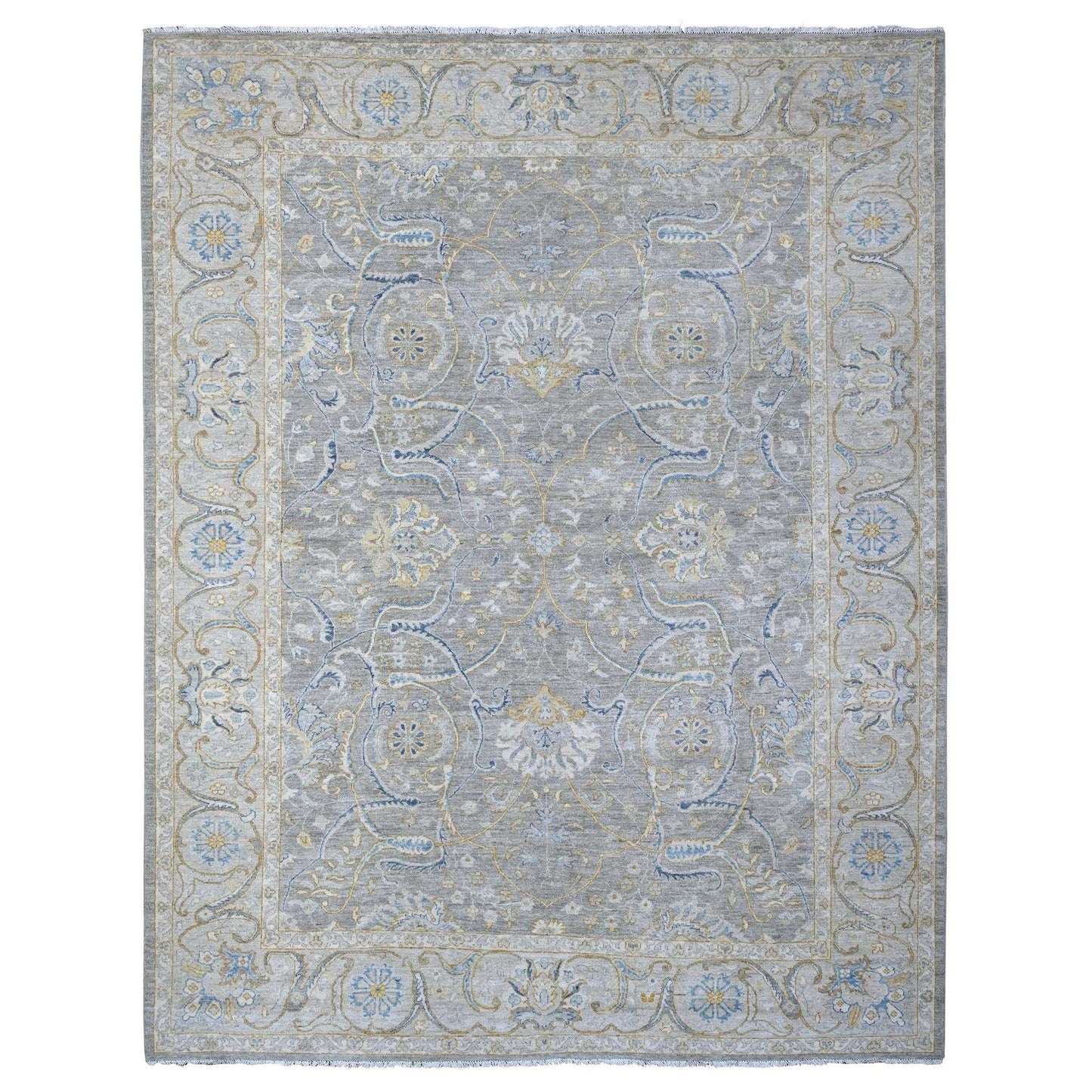 9'X11'7" Gray All Over Afghan Peshawar Design Hand Knotted Soft Wool Rug