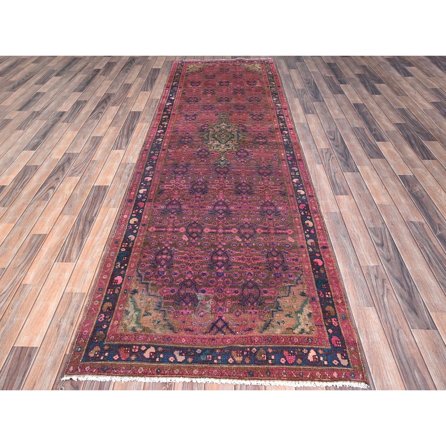 3'4"X10'8" Purple Overdyed Hand Knotted Old Hamadan Wide Long Runner Rug