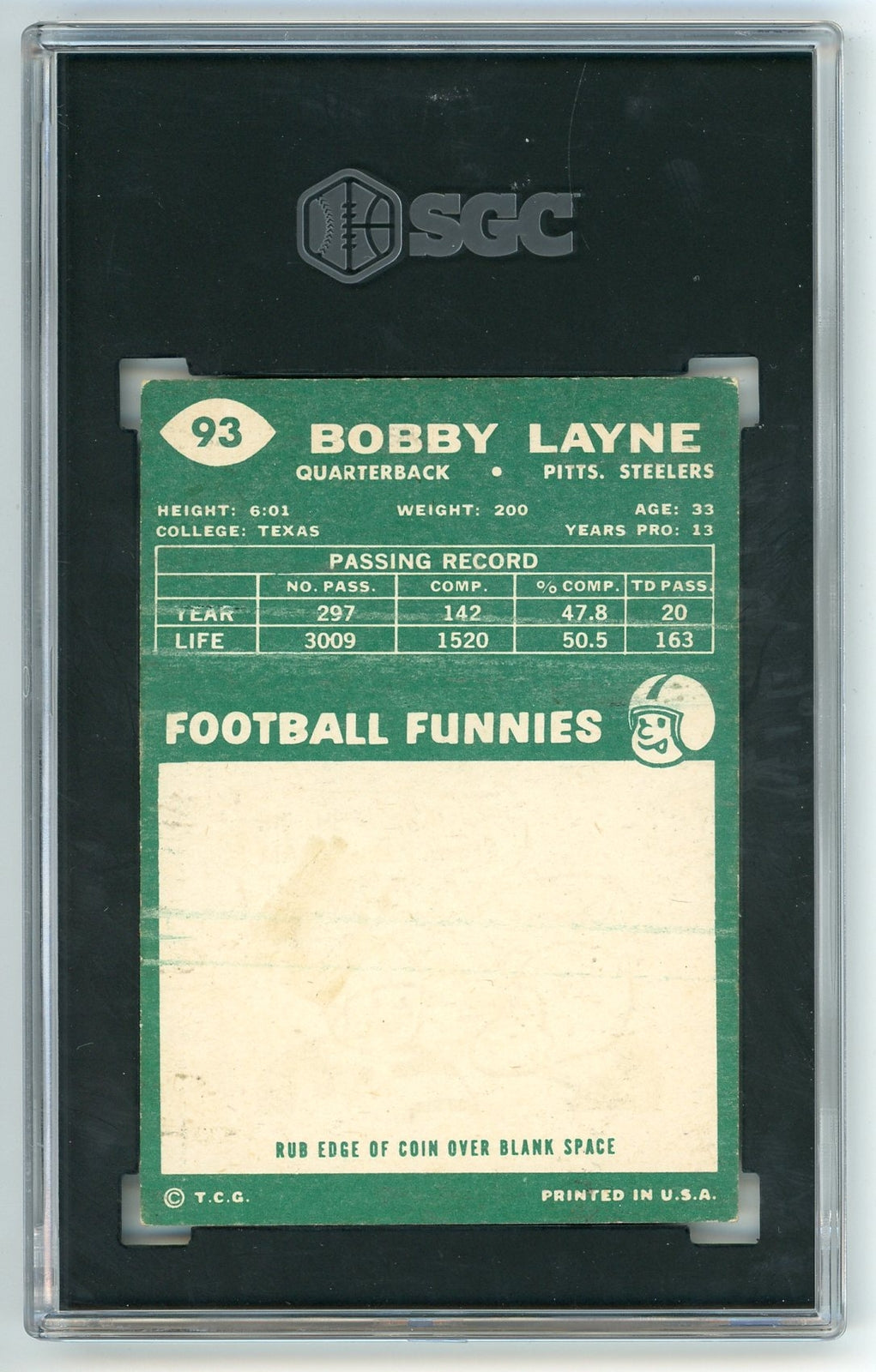 Bobby Layne 1960 Topps #93 Sgc 6