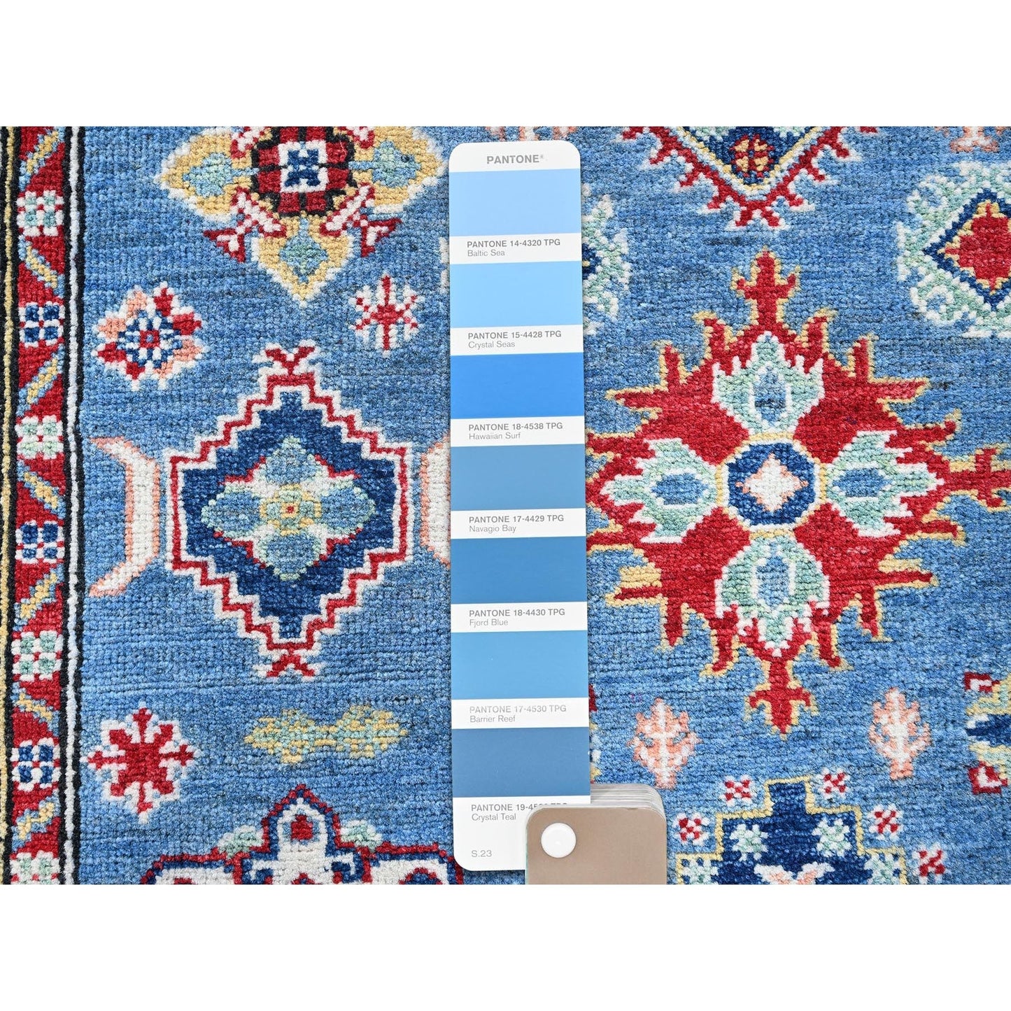 4'X13' Blue Kazak With Geometric Design Hand Knotted Soft Wool Runner Rug
