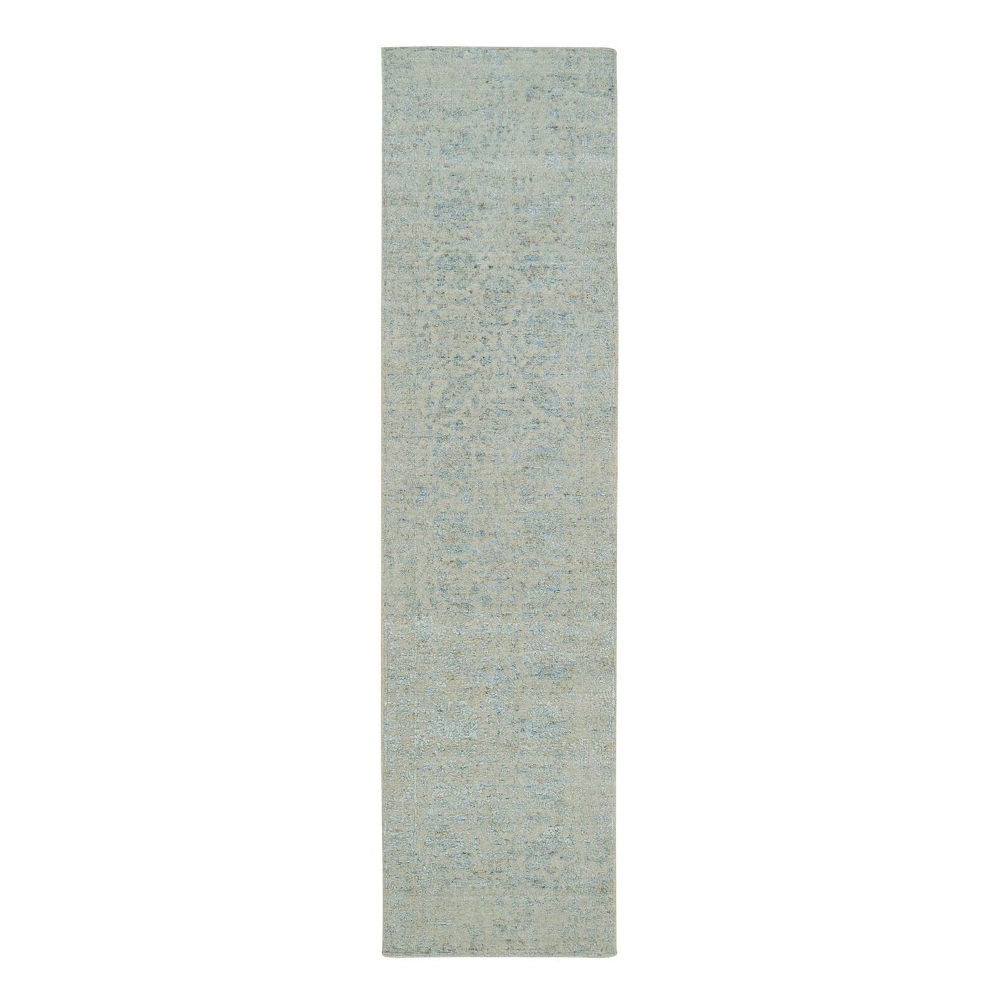 2'6"X10' Gray Fine Jacquard Hand Loomed Wool And Silk Runner Rug