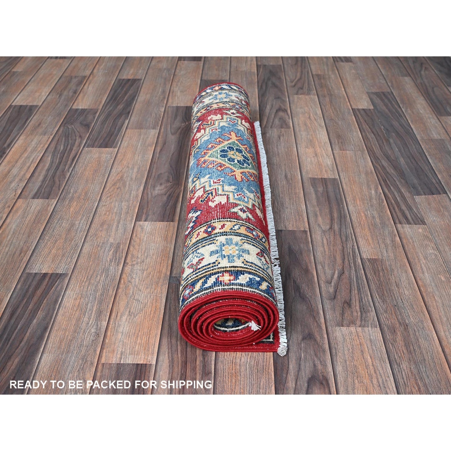 2'9"X6'4" Red Kazak With Medallion Design Hand Knotted Soft Wool Runner Rug