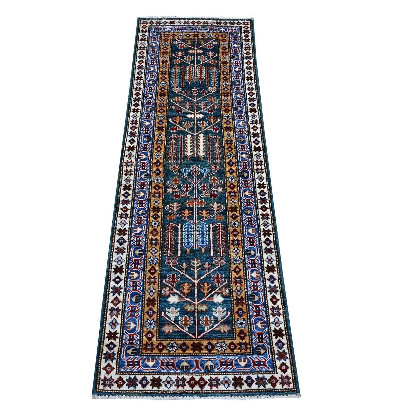 2'X5'9" Pine Green Hand Knotted Willow And Cypress Tree Design Runner Rug
