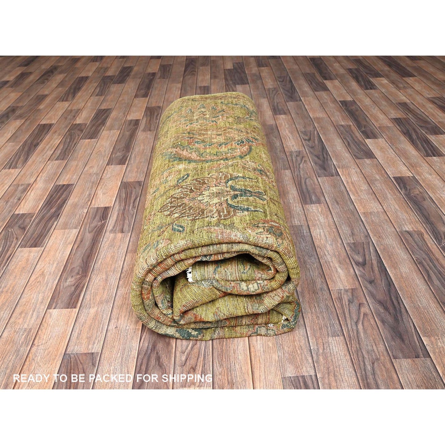 8'10"X12'1" Chino Green Vintage Rajasthan 100% Wool Hand Knotted Rug