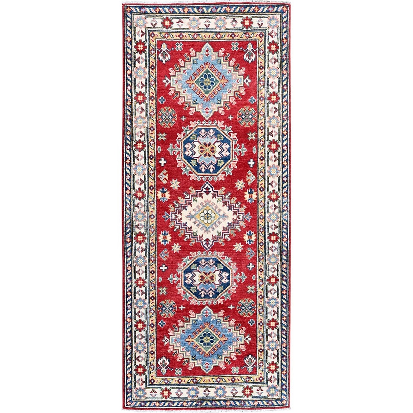 2'9"X6'8" Red Kazak With Medallions Design Hand Knotted All Wool Runner Rug