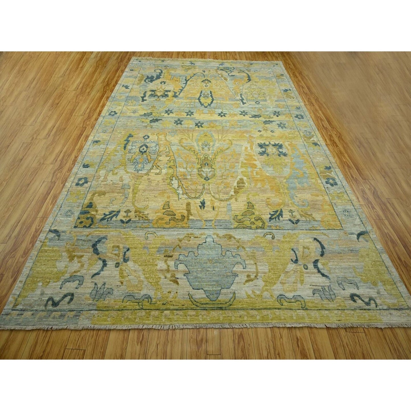 9'1"X12'1" Gray & Gold Antiqued Bijar Garus Design Hand Knotted Wool Rug