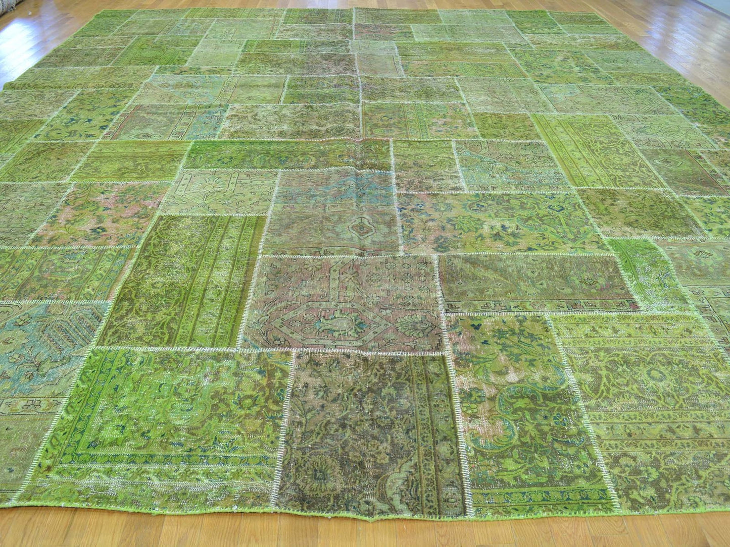 13'2"X15'8" Overdyed Patchwork Worn Down Tebraz Pure Wool Handmade Rug