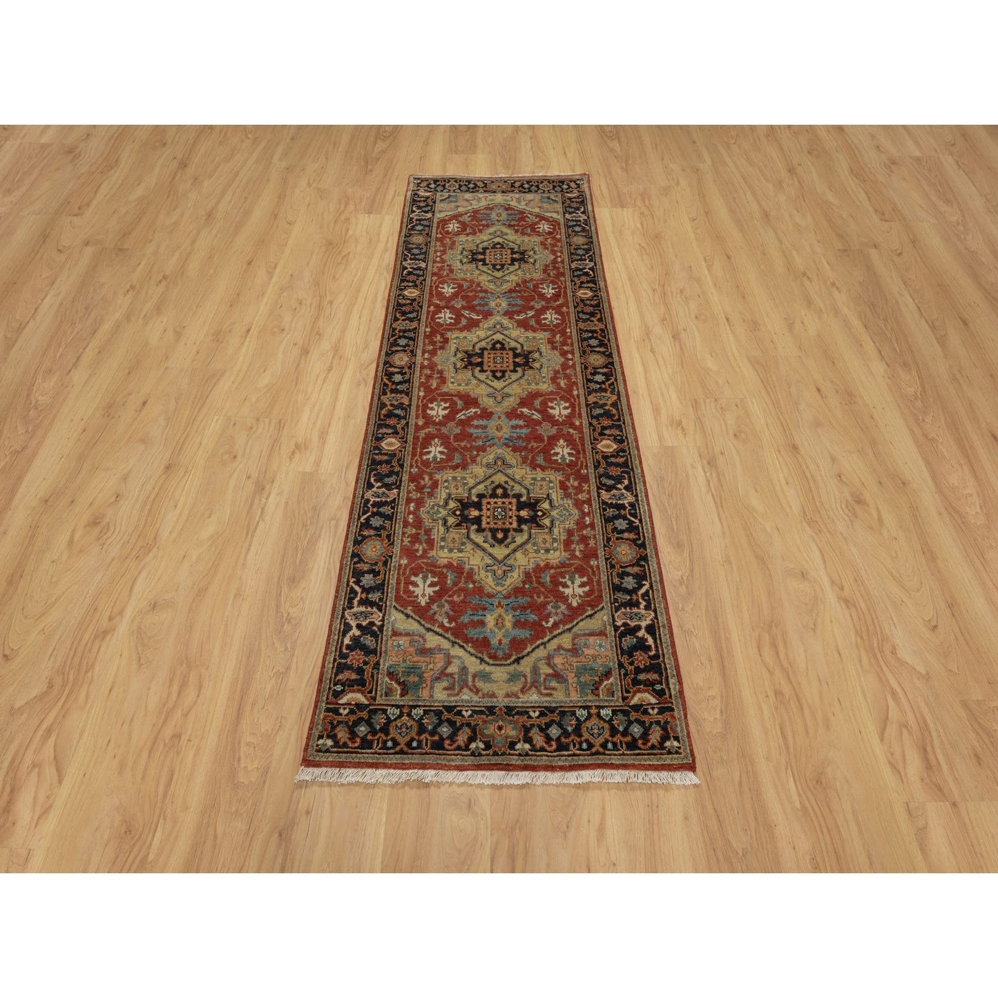 2'6"X7'9" Ruby Red Hand Spun Wool Heris Revival Hand Knotted Runner Rug