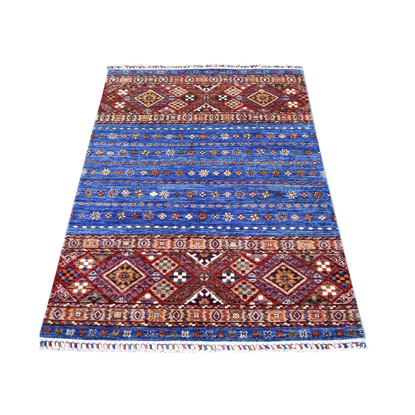 3'6"X5'5" Blue Hand Knotted Afghan Super Kazak Extra Soft Wool Rug