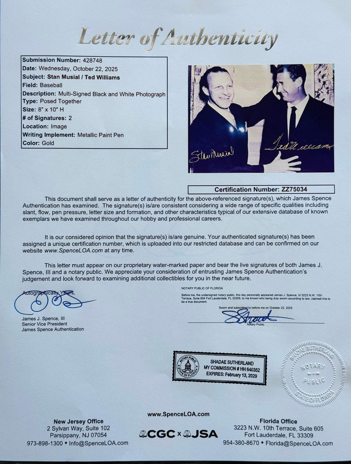 Stan Musial & Ted Williams Autographed 8X10 Baseball Photo (Jsa)